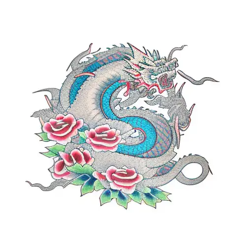 Japanese-style half-sleeve with dragon and several big roses tattoo design idea