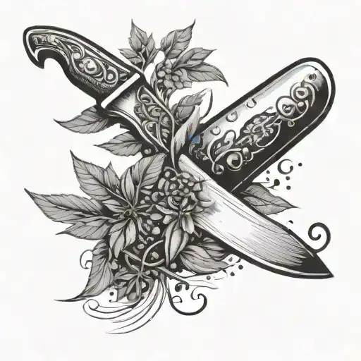 A chef's knife tattoo with a trail of spices and herbs winding around the blade, symbolizing the client's love for cooking and travel tattoo design idea