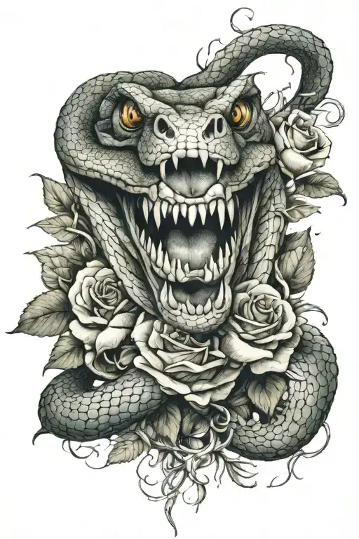 snake coiling around a bouquet of roses with its mouth open and fangs showing  tattoo design idea