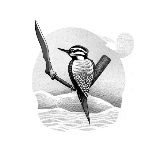 A woodpecker sitting on a axe tattoo design idea