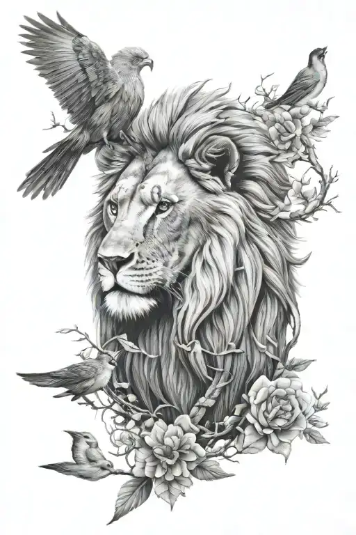 Lion and bird tattoo design idea