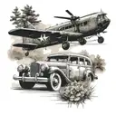 chinook flying over classic car with leaning banjo  tattoo design idea