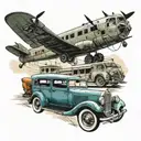 chinook flying over classic car with leaning banjo  tattoo design idea