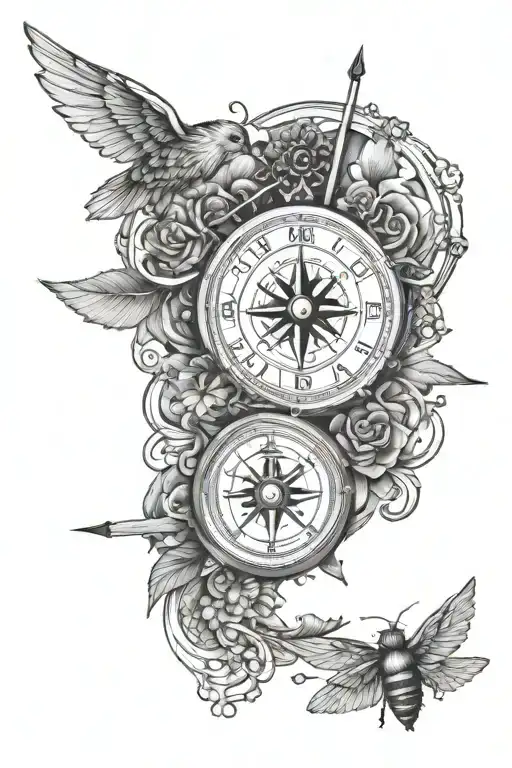 compass, clock, honey comb, semper ad meliora tattoo design idea