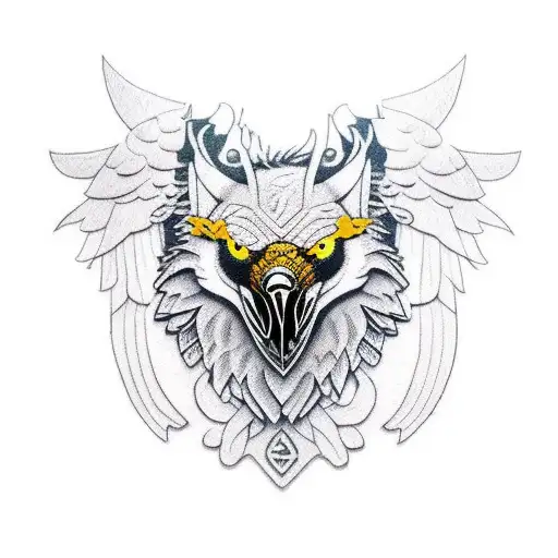 Viking with full raven and wolf face. wolf face with a scarred eye tattoo design idea