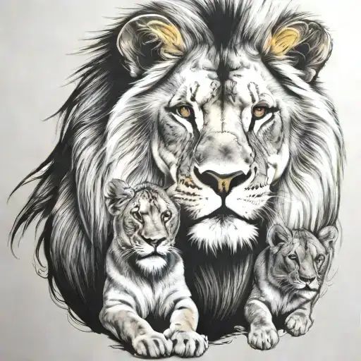 lion, lioness and 1 cub stare   tattoo design idea