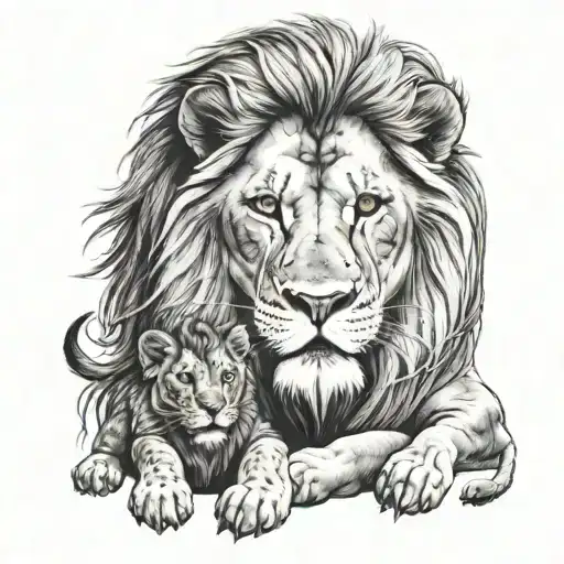protective lion with paw on cub looking tattoo design idea