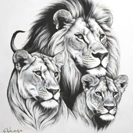 lion, lioness and 1 cub stare   tattoo design idea