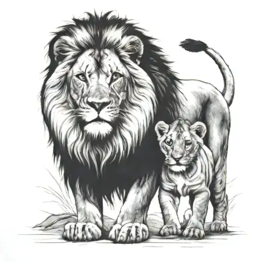 lion and cub staring with lioness tattoo design idea