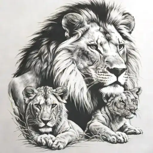 lion, lioness and 1 cub stare   tattoo design idea