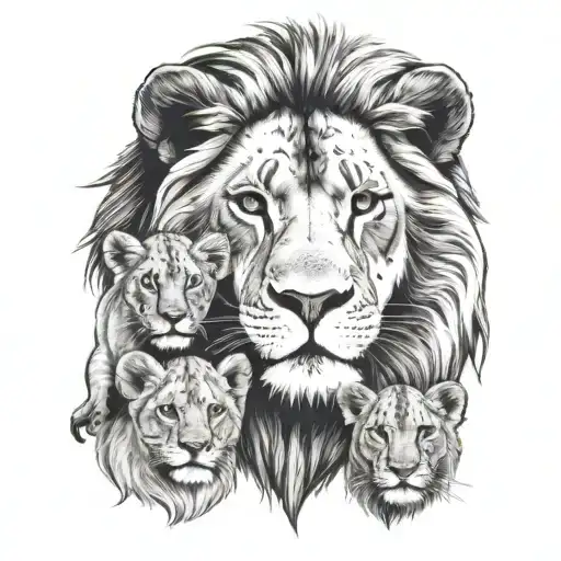 lion, lioness and cub faces Stare tattoo design idea