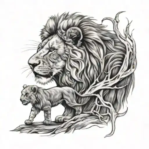 lion standing over cub howling tattoo design idea