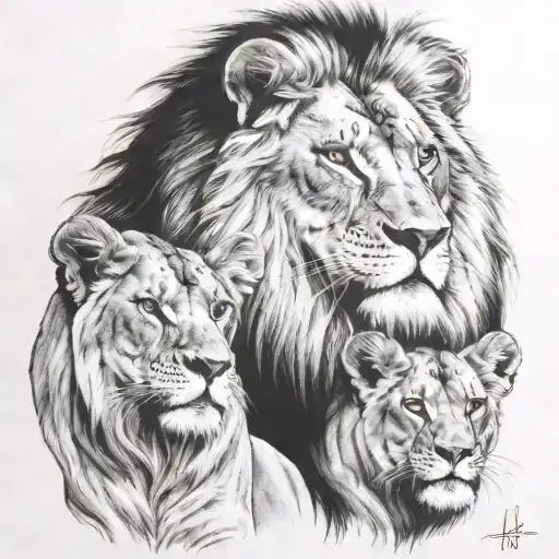 lion, lioness and 1 cub stare   tattoo design idea