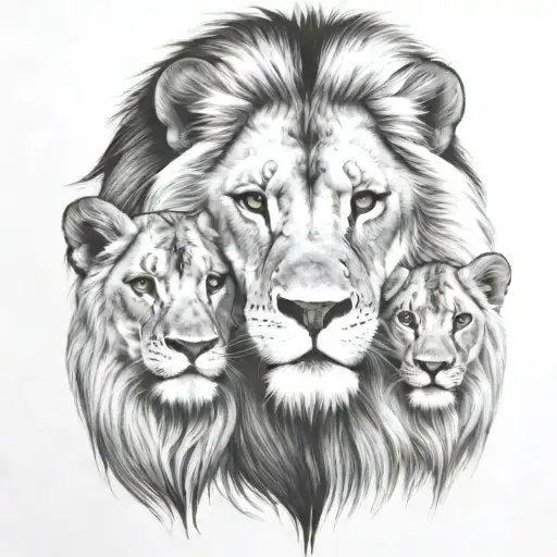 lion, lioness and cub faces Stare tattoo design idea