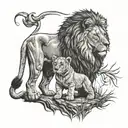 lion standing over cub howling tattoo design idea