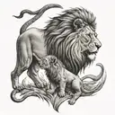 lion standing over cub howling tattoo design idea