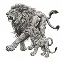 lion standing over cub howling tattoo design idea