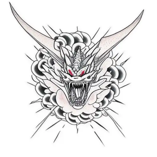 dragón grande volando con la boca cerrada, con flores alrededor de su cuerpo tattoo design idea