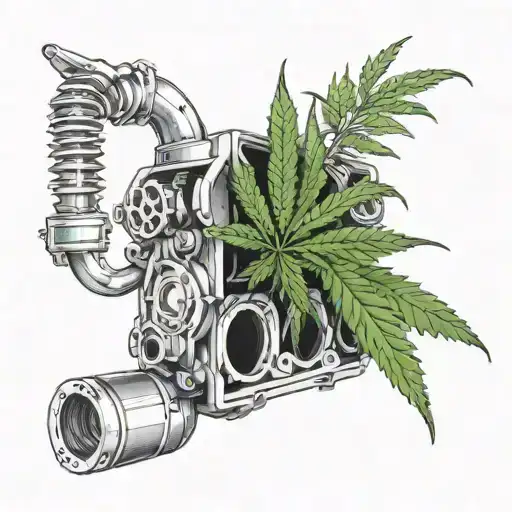 A detailed engine block with cannabis leaves growing out of it tattoo design idea