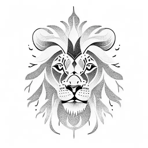 A detailed blackwork tattoo of a lion in the woods tattoo design idea