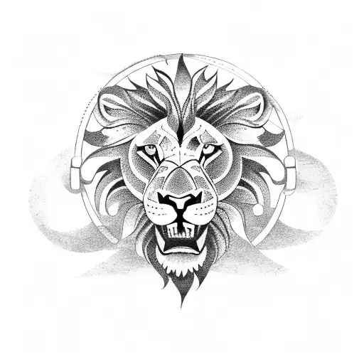 A detailed blackwork tattoo of a lion playing a musical instrument in a forest tattoo design idea