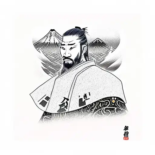 samurai vagabond style in front of the mount Fuji  tattoo design idea