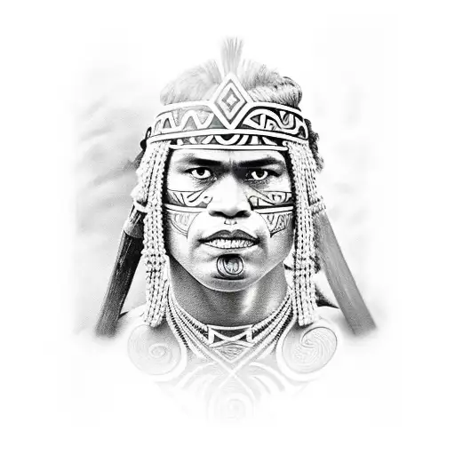 maori warrior with tiaha and marae background  tattoo design idea