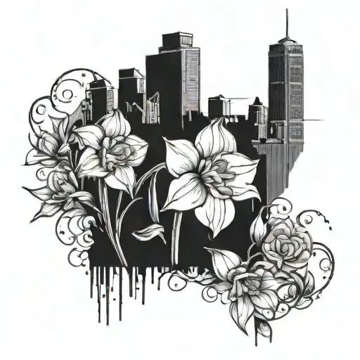 An intricate black-grey design of a blackout city skyline with elegant narcissus flowers intertwined tattoo design idea