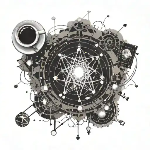 An atom structure with coffee cup stains and technology gadgets scattered around, with a constellation map overlaying the design tattoo design idea