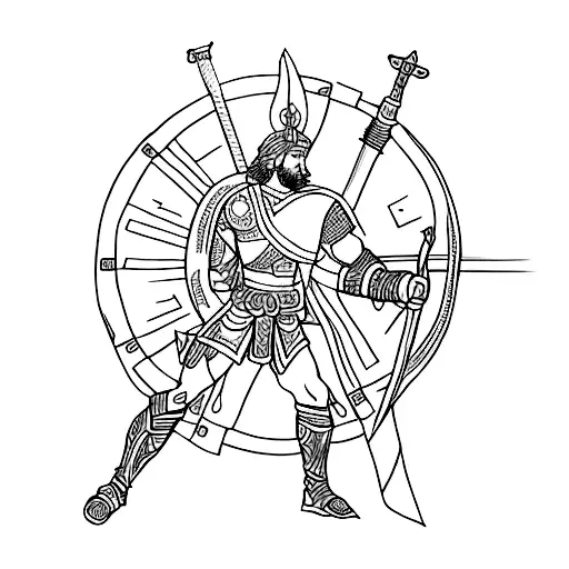 Sketch tattoo of the Greek hero Achilles with armor and sword. tattoo design idea