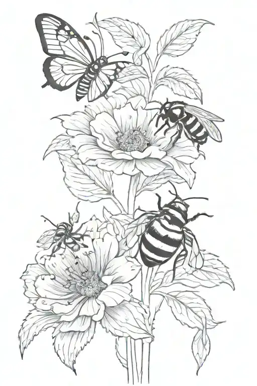flower with a lady bug on the stem of the flower and a bumble bee flying around it tattoo design idea
