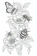 flower with a lady bug on the stem of the flower and a bumble bee flying around it tattoo design idea