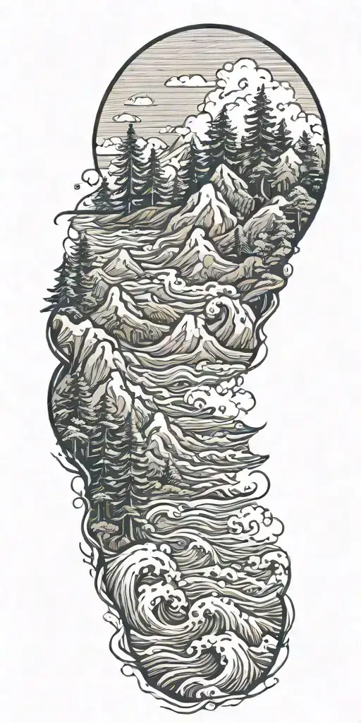 mountain landscape with trees and ocean waves crashing tattoo design idea
