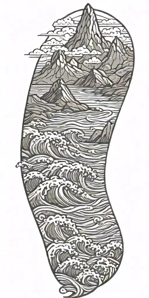 mountain landscape with ocean waves crashing tattoo design idea
