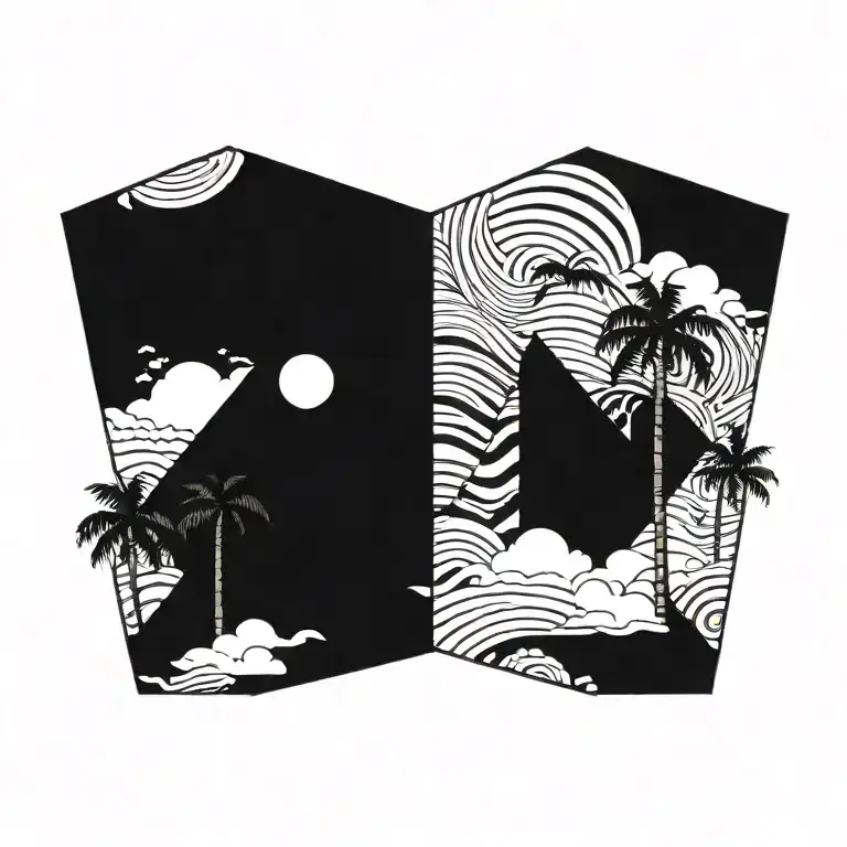 BEACH SKY WITH PALM TREES TRIANGLES AND WAVES AND CLOUDS tattoo design idea