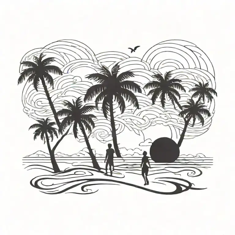 BEACH SKY WITH PALM TREES LITTLE 1 BOY AND  1 GIRL NO FACES tattoo design idea