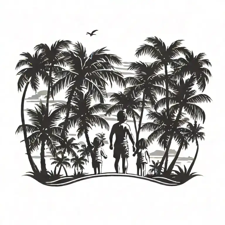 BEACH SKY WITH PALM TREES ONE LITTLE BOY AND ONE LITTLE GIRL NO FACES  tattoo design idea