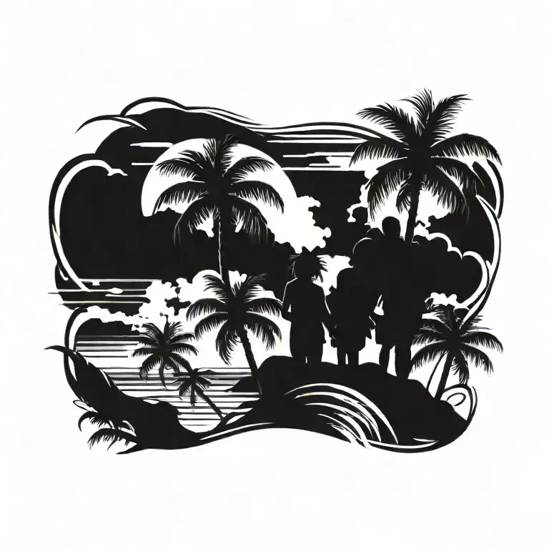 BEACH SKY WITH PALM TREES FATHER WITH DAUGHTER AND SON tattoo design idea