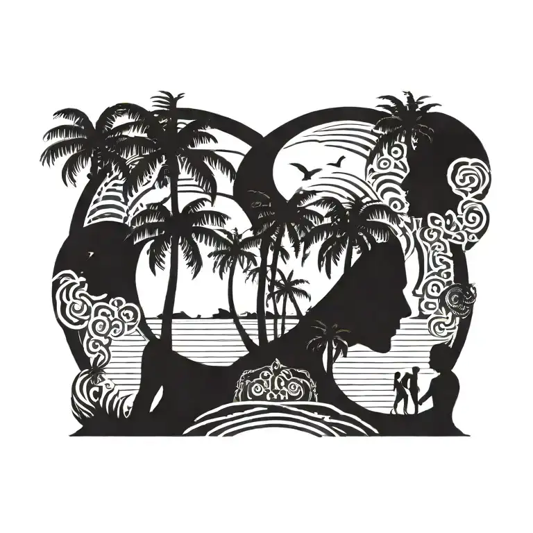 BEACH SKY WITH PALM TREES FATHER WITH DAUGHTER AND SON tattoo design idea