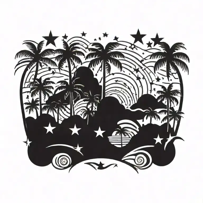BEACH SKY WITH PALM TREES STARS AND STRIPES tattoo design idea