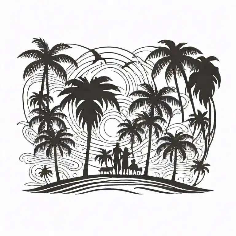 BEACH SKY WITH PALM TREES FATHER WITH ONE DAUGHTER AND  ONE SON tattoo design idea