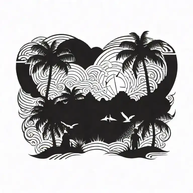 BEACH SKY WITH PALM TREES LITTLE BOY AND GIRL NO FACES tattoo design idea
