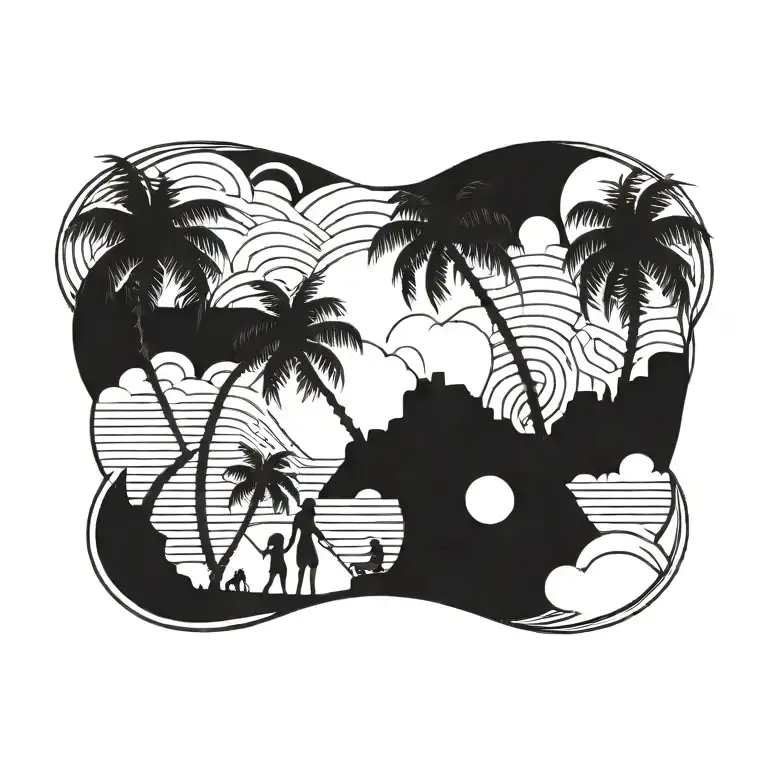 BEACH SKY WITH PALM TREES DAUGHTER AND SON tattoo design idea