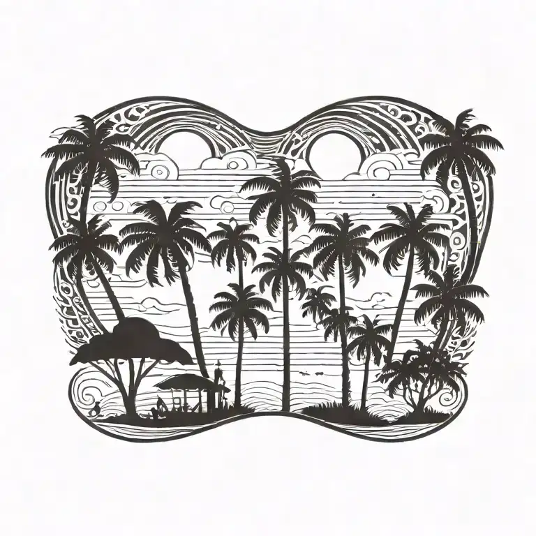 BEACH SKY WITH PALM TREES FATHER WITH ONE DAUGHTER AND  ONE SON tattoo design idea