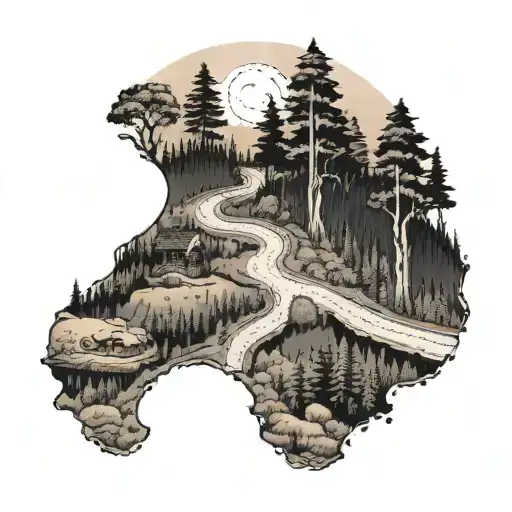 A dotwork tattoo of a road map winding through a forest and beach landscape, with a small dog leading the way tattoo design idea