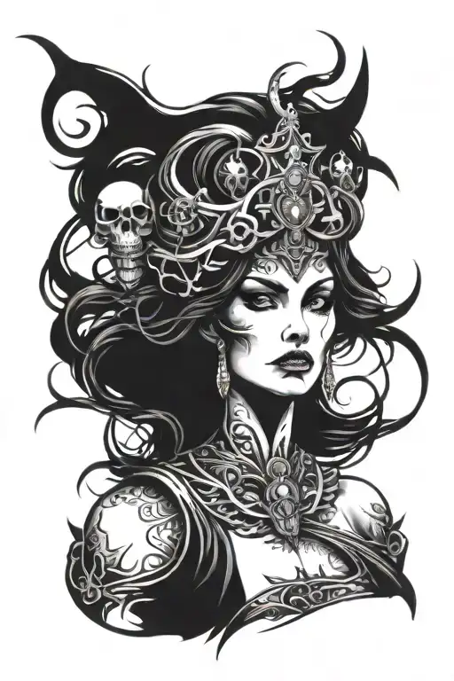 dark goddess Lilith with power surrounding her direct stare tattoo design idea