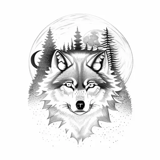 Moonlit forest with a pack of wolves howling at the moon tattoo design idea