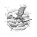 An eagle soaring through a stormy sky with lightning bolts tattoo design idea