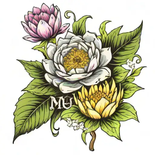 the word Mummy with water lily, aster, holly, daisy, larkspur flowers tattoo design idea
