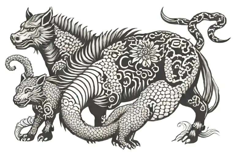 BOAR, HORSE, AND SNAKE STANDING TOGETHER Family tattoo design idea